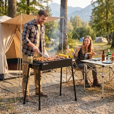 Outsunny Portable BBQ Grill, Charcoal Grill with Side Seasoning Baskets, Hooks and Nets for Outdoor, Picnic, Camping, Black