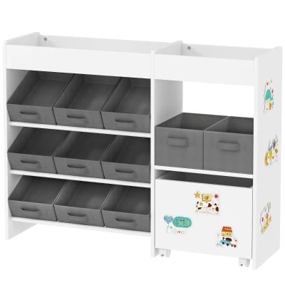 Qaba Kids Toy Storage Organizer with 11 Bins, Moveable Cabinet, Top Shelves, 3 Stickers, for Nursery, Playroom, White