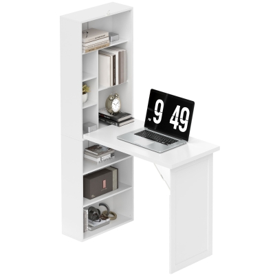 HOMCOM Fold-out Convertible Office Desk, Wall Mount Computer Desk with Whiteboard and Side Shelf, White