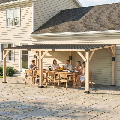 Outsunny 10' x 20' Wooden Gazebo Pergola with Steel Roof, Walnut