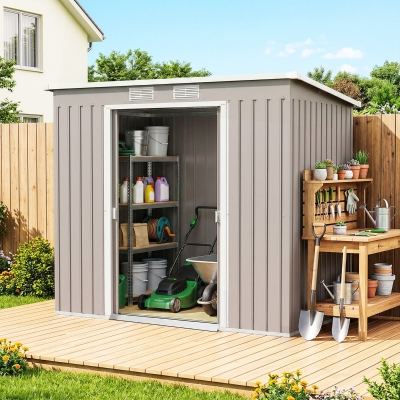 Outsunny 7' x 4' Galvanised Steel Garden Shed, with Foundation Kit - Grey