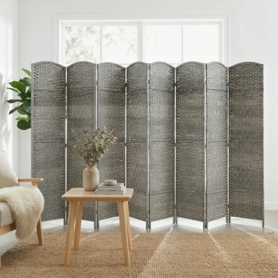 HOMCOM 6 Ft Tall Folding Room Divider, 8 Panel Portable Privacy Screen, Hand-Woven Partition Wall Divider, Mixed Grey