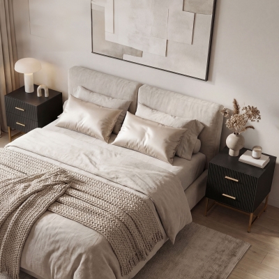 HOMCOM 2 Pieces Nightstands with Storage, Modern Bedside Tables with 2 Fluted Drawers and Gold Legs for Bedroom, Black