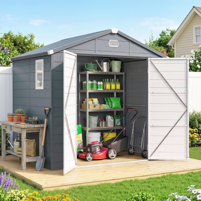 Outsunny 8' x 6' Plastic Garden Storage Shed with Latch Door, Vents, Sloped Roof, Light Grey