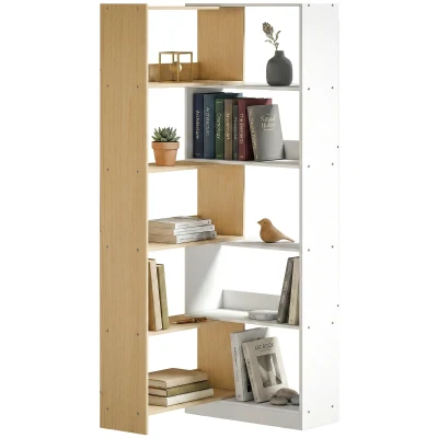 HOMCOM Corner Bookshelf, 5-Tier L-Shaped Bookcase with 350° Rotating Design, Two-Tone Design, Fruitwood/White