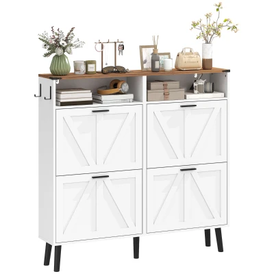 HOMCOM Shoe Storage Cabinet with 4 Flip Drawers, Farmhouse Narrow Shoe Cabinet, Holds Up to 24 Pairs, White