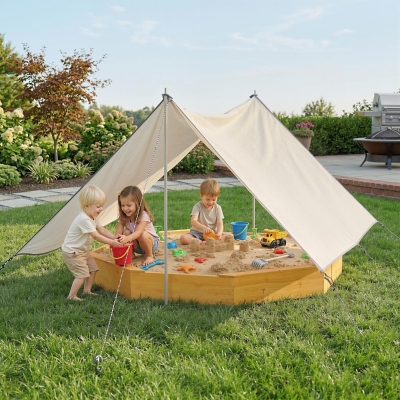 Qaba Wooden Kids Wooden Sandbox with Large Canopy, Outdoor Sand Box with 4 Bench Seats, Bottom Liner for Aged 3-8, Yellow