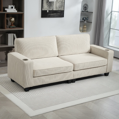 HOMCOM Three Seater Sofa, Fabric 3 Seater Couch with Spring Cushion and Cup Holders for Living Room, Bedroom, Cream White
