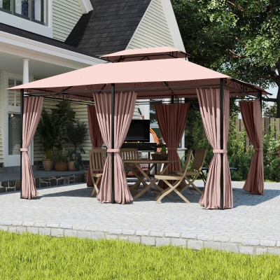 Outsunny 10' x 13' Patio Gazebo, Outdoor 2-Tiers Garden Canopy Yard Sunshade Shelter with Curtains, Khaki