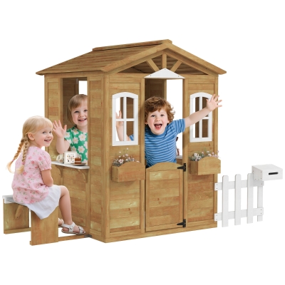 Outsunny Wooden Playhouse for Kids, Cottage with Doors & Windows