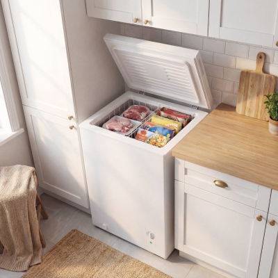 HOMCOM Mini Freezer, 3.5 Cu.Ft Chest Freezer with 5-Setting Adjustable Thermostat, Wire Basket, Quiet Operation, White