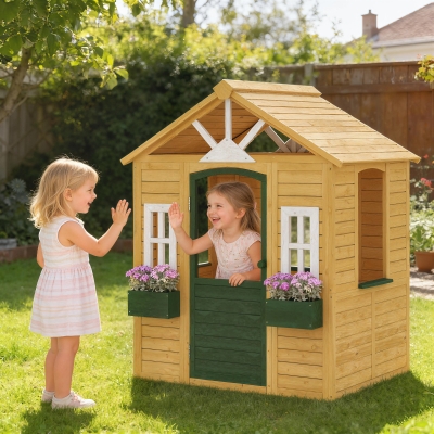 Qaba Outdoor Playhouse, Wooden Kids Playhouse with Door, 3 Windows, 2 Flower Boxes for Garden, Indoor Playroom, Ages 3–8