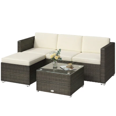 Outsunny 3 Pieces Patio Furniture Set with Cushions, Outdoor PE Rattan Wicker Conversation Corner Sofa Set with Glass Top Table and Adjustable Foot for Garden, Lawn, Cream White