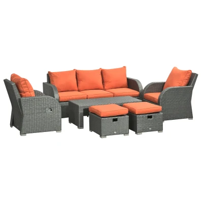 Outsunny 6 Pieces Patio Furniture with 2 Recliner Chairs, PE Wicker Sectional Furniture Conversation Set with a 3-Seat Sofa, 2 Footstools, Table, Cushions, Orange