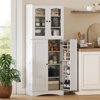 HOMCOM 64" Tall Kitchen Pantry Cabinet, Kitchen Cabinet with Soft-Close Acrylic Doors, 10 Shelves, 8 Door Racks, White