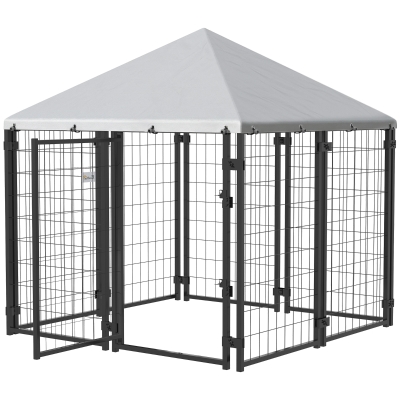 PawHut 4.6' Outdoor Dog Kennel, Welded Wire with Cover, Silver