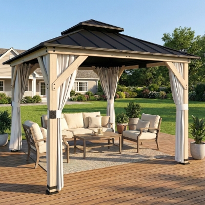 Outsunny 10' x 10' Outdoor Hardtop Gazebo with Double Steel Roof, Wood Patio Gazebo with Curtains, Hook, Light Grey
