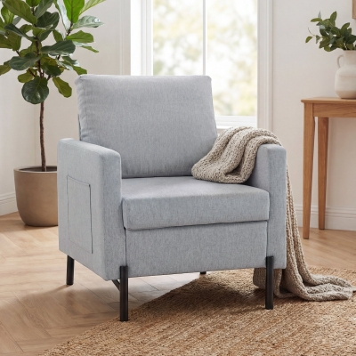 HOMCOM Accent Chair Modern Upholstered Armchair with Side Pockets and Cushion for Bedroom, Living Room, Light Grey