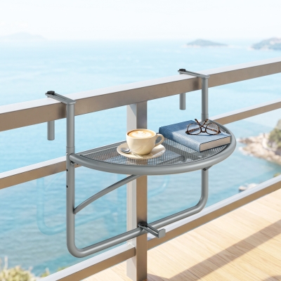 Outsunny Adjustable Balcony Hanging Railing Table, Metal Mounting Mini Wall Desk Storage Rack, Outdoor Flower Stand Serving Table Half Round, Grey