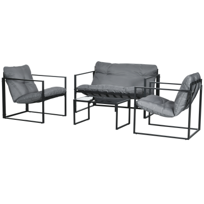 Outsunny 4 Piece Outdoor Furniture Set, Patio Conversation Set with Tempered Glass Table, Loveseat, 2 Chairs and Cushions, Grey