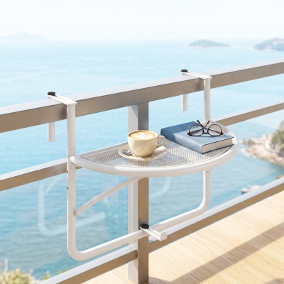 Outsunny Adjustable Balcony Hanging Railing Table, Metal Mounting Mini Wall Desk Storage Rack, Outdoor Flower Stand Serving Table Half Round, White