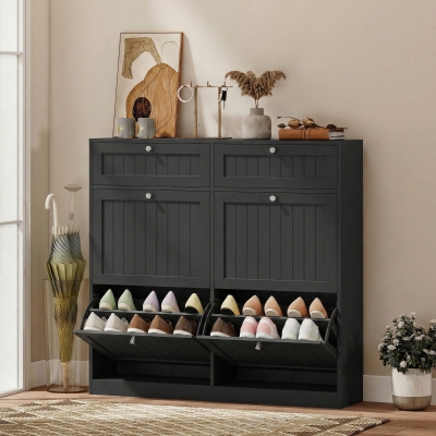 HOMCOM Shoe Cabinet with 2 Large Flip Drawers, Farmhouse Narrow Shoe Storage Cabinet with 2 Top Compartments, Black