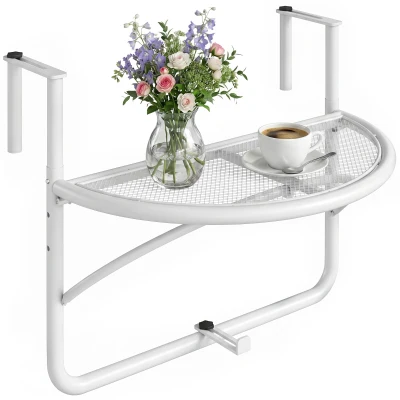 Outsunny Adjustable Balcony Hanging Railing Table, Metal Mounting Mini Wall Desk Storage Rack, Outdoor Flower Stand Serving Table Half Round, White