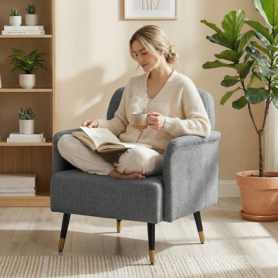HOMCOM Accent Chair Modern Tufted with Metal Legs Upholstered Reading Armchair for Living Room Grey