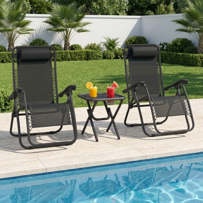 Outsunny Zero Gravity Chair Set of 2 Patio Chair with Side Table Cupholders and Pillows for Pool, Backyard, Lawn, Black