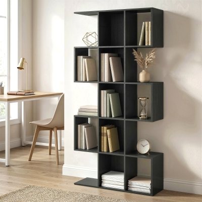 HOMCOM 5-Tier Bookshelf, S Shaped Geometric Bookcase with 15 Compartments, Black Wood Grain