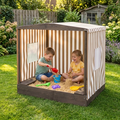 Qaba Kids Sandbox with Full Covered Canopy, Bench Seats, Bottom Liner, for Ages 3-6, 56" x 40" x 52", Brown