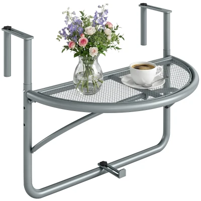 Outsunny Adjustable Balcony Hanging Railing Table, Metal Mounting Mini Wall Desk Storage Rack, Outdoor Flower Stand Serving Table Half Round, Grey