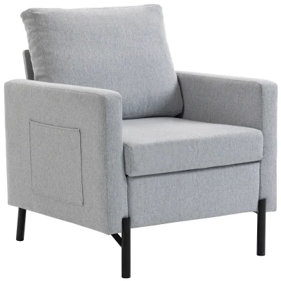 HOMCOM Accent Chair Modern Upholstered Armchair with Side Pockets and Cushion for Bedroom, Living Room, Light Grey