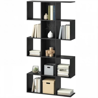 HOMCOM 5-Tier Bookshelf, S Shaped Geometric Bookcase with 15 Compartments, Black Wood Grain