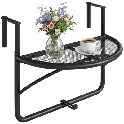 Outsunny Adjustable Balcony Hanging Rail Table Metal Mounting Mini Wall Desk Storage Rack Outdoor Flower Stand, Black
