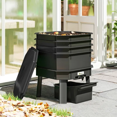 Outsunny 4-Tray Worm Composter Bin, 7.4 Gal, Indoor/Outdoor, Black