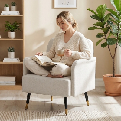 HOMCOM Accent Chair Modern Tufted with Metal Legs Upholstered Reading Armchair for Living Room Cream White