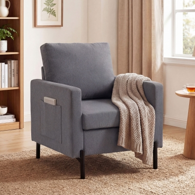 HOMCOM Accent Chair Modern Upholstered Armchair with Side Pockets and Cushion for Bedroom, Living Room, Dark Grey