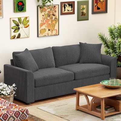 HOMCOM 3 Seater Sofa, 83.5" Modern Upholstered Couch with Pocket Spring and 2 Scatter Cushions for Living Room, Dark Grey