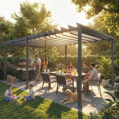 Outsunny 10' x 19' Louvered Pergola with UPF50+ Adjustable Roof and Aluminum Frame, Outdoor Pergola Gazebo, Dark Grey