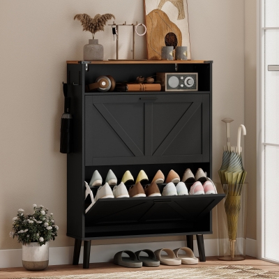 HOMCOM Shoe Storage Cabinet with 2 Flip Drawers, Farmhouse Narrow Shoe Cabinet, Holds Up to 16 Pairs, Black