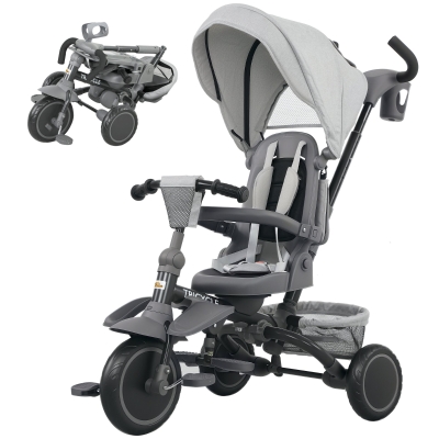 Qaba 6-in-1 Kids Tricycle with Canopy & Reversible Seat, Gray