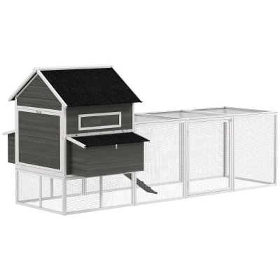 PawHut 137" Wooden Chicken Coop with Chicken Run, Nesting Box, Dark Grey