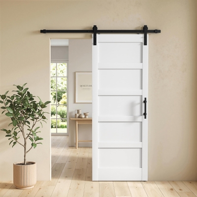 HOMCOM 32"x84" Sliding Barn Door with Hardware Kit, Shaker Style Sliding Door with Handle, Track, Floor Guide, White Wood Grain