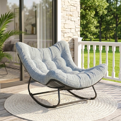 Outsunny Oversized Rattan Patio Egg Chair, Outdoor Rocking Chair with Padded Cushion for Indoor, Porch, Grey