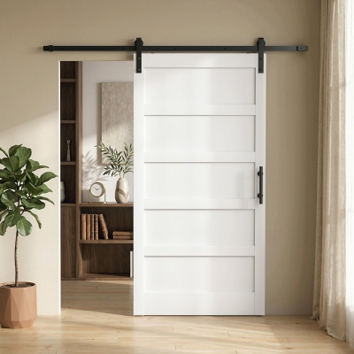 HOMCOM 42"x84" Sliding Barn Door with Hardware Kit, Shaker Style Sliding Door with Handle, Track, Floor Guide, White Wood Grain