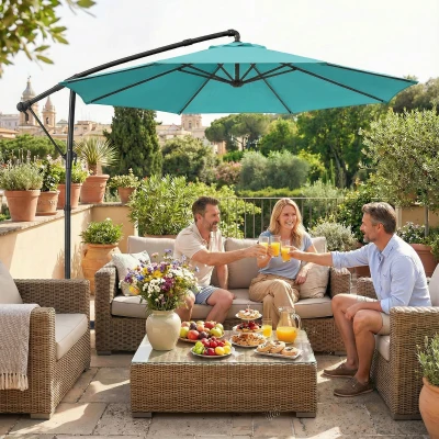 Outsunny 10 ft Offset Patio Umbrella, 360° Rotation, Sky Blue