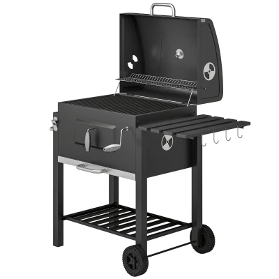 Outsunny BBQ Trolley Charcoal Grill Portable Stainless Steel Barbecue Tool Kits w/ Wheels Side Shelf for Camping Hiking Picnic