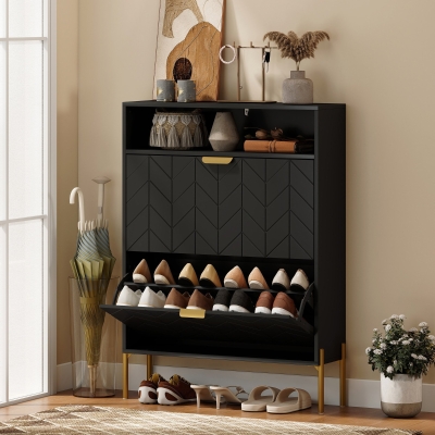 HOMCOM Shoe Cabinet with 2 Flip Drawers, Modern Narrow Shoe Storage Cabinet with Open Compartment, Adjustable Shelves, Black