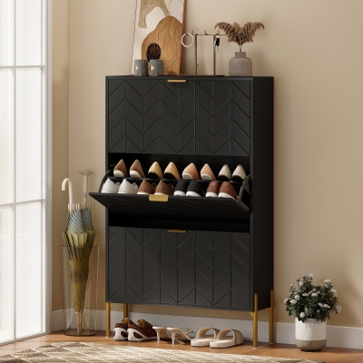 HOMCOM Shoe Cabinet with 3 Flip Drawers, Modern Narrow Shoe Storage Cabinet with Adjustable Shelves, Black